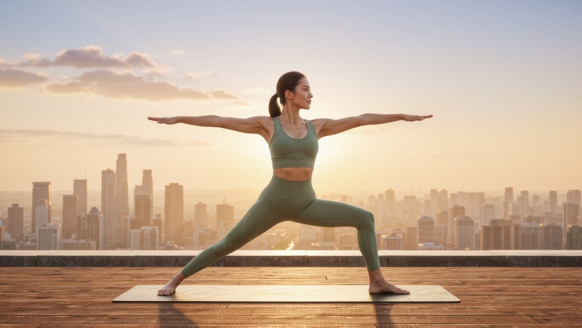 A woman in a sage green yoga set holding warrior two on a wooden rooftop terrace at sunrise, the city skyline behind her