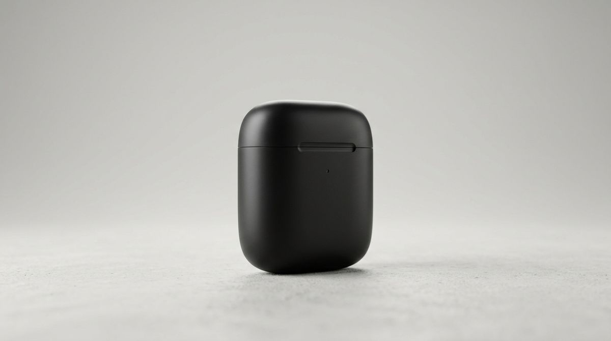 A matte black wireless earbuds charging case on a pale concrete surface