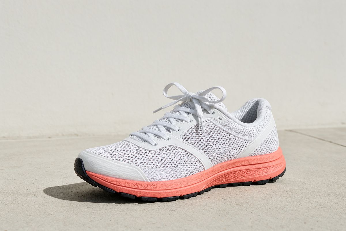 A white mesh road running shoe with a coral midsole on a pale concrete slab, lit hard from the upper left with a short shadow to the right