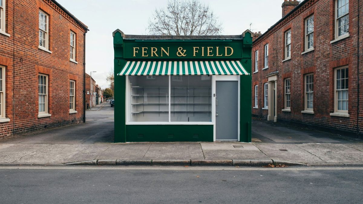 The shop front with a green and cream striped awning above the display window