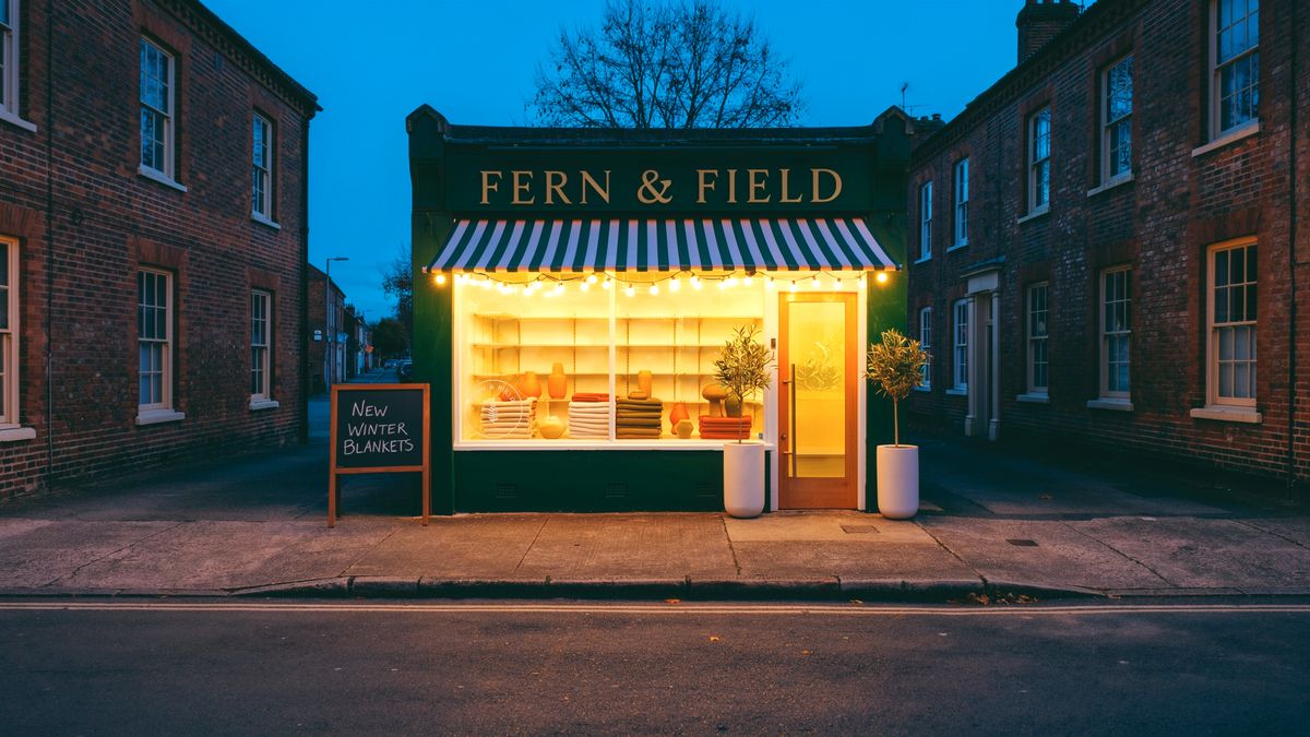 The finished shop front at dusk under a deep blue sky, with the window display lit warm and the string lights glowing