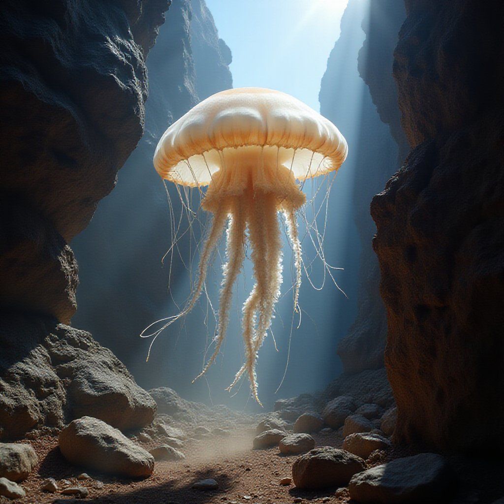 A jellyfish in a sunlit canyon at 10 steps, improving but with artifacts