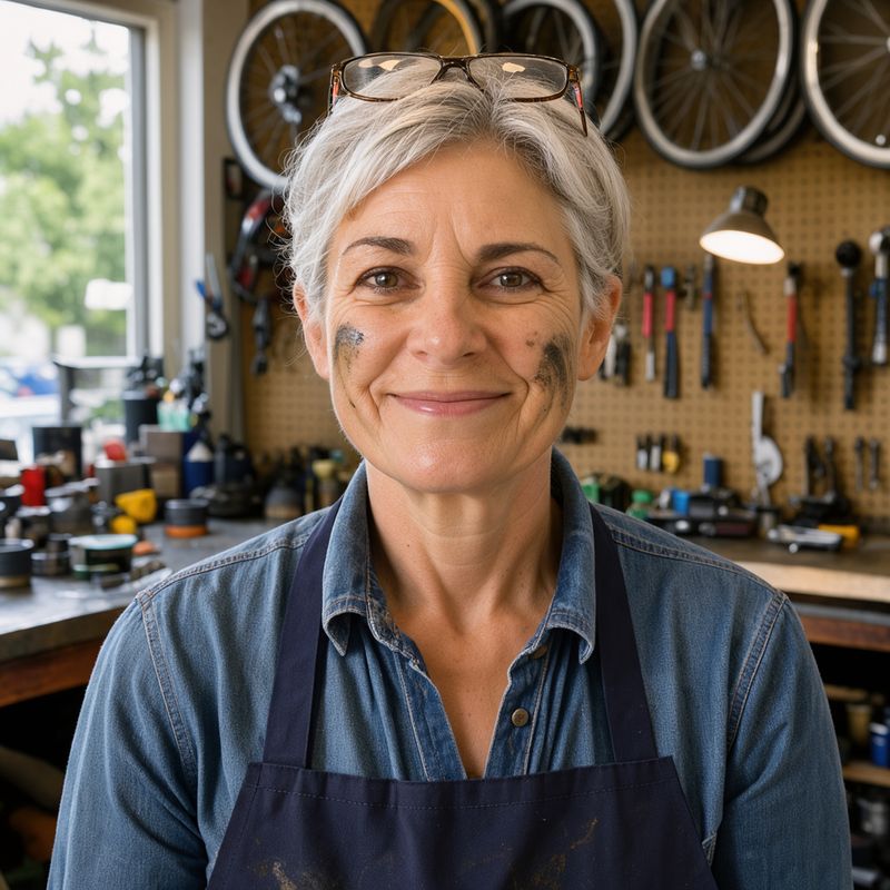 A woman with short silver hair and glasses pushed up on her head, in a navy apron over a denim shirt with a grease smudge on one cheek, smiling in front of a bicycle shop pegboard