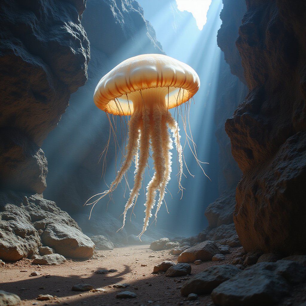 A detailed jellyfish in a sunlit canyon at 20 steps