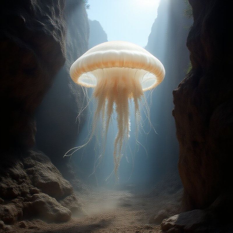 A rough jellyfish shape in a sunlit canyon at 5 steps