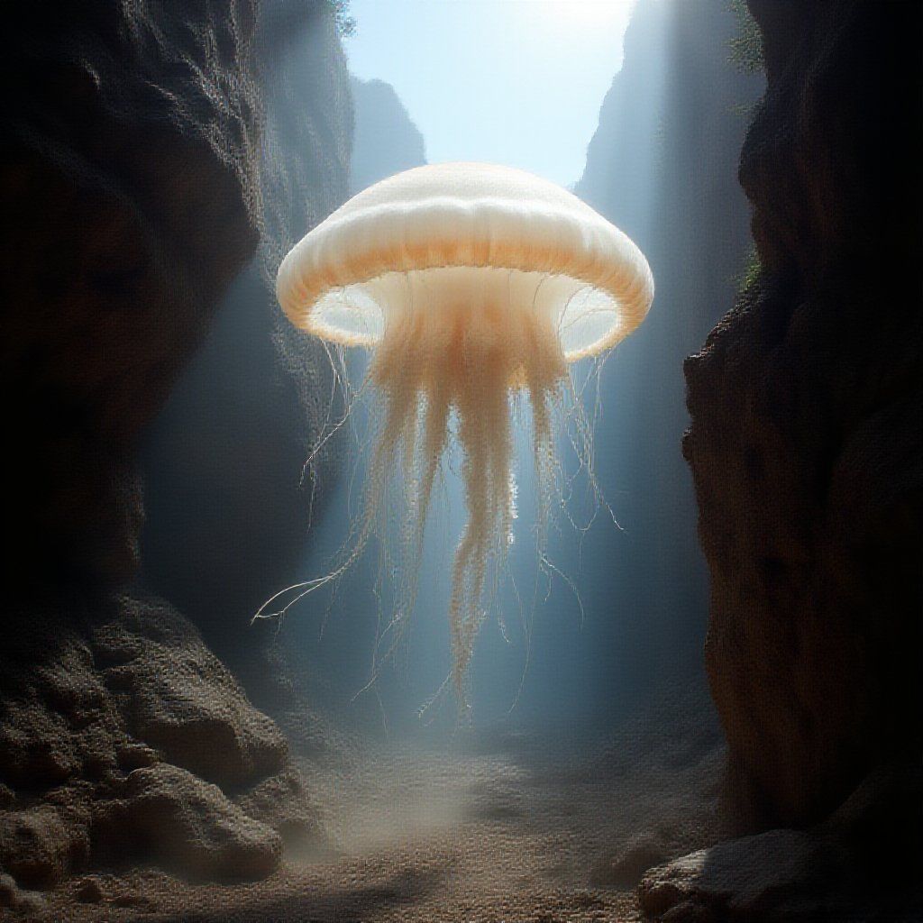 A rough jellyfish shape in a sunlit canyon at 5 steps