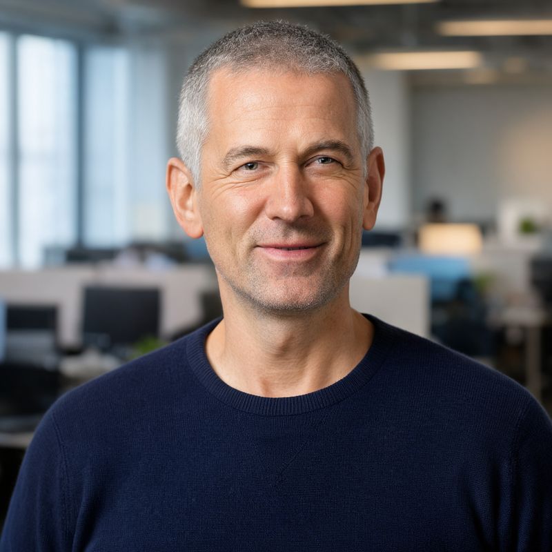 A smiling man with close-cropped gray hair and stubble in a navy sweater in front of a blurred open-plan office