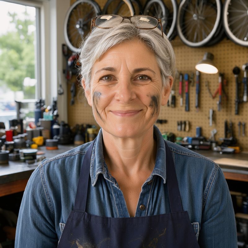 The same bicycle shop owner portrait rendered at 8 steps, nearly identical to the default