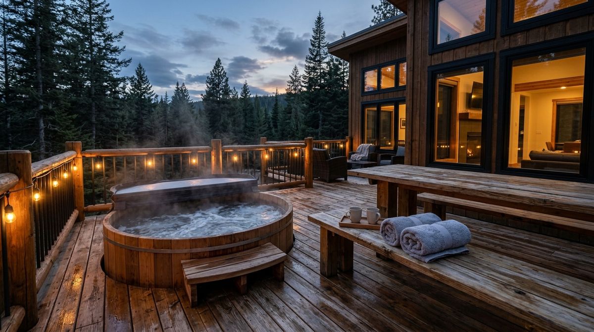 A cabin deck at dusk with a steaming cedar hot tub, gray towels on a bench, string lights on the railing and pine trees beyond