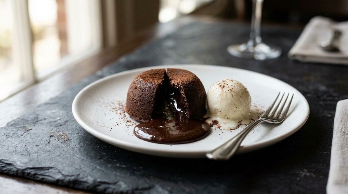The same plate with the lava cake split open and a pool of molten chocolate spreading across the plate toward the ice cream
