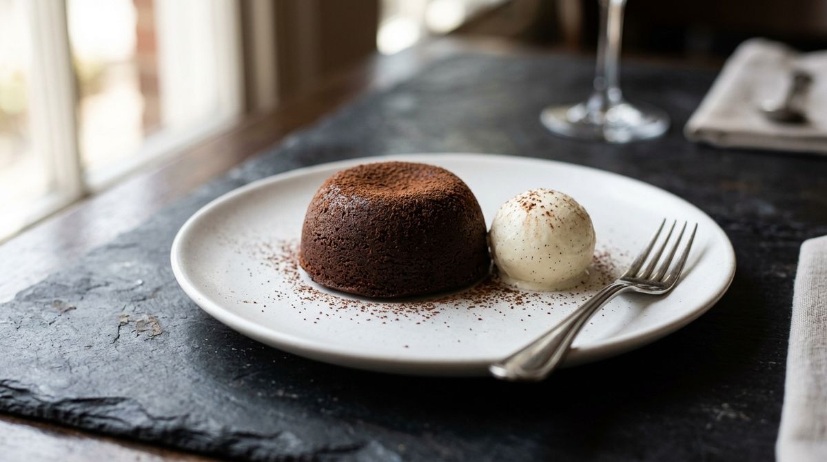 A whole, uncut chocolate lava cake on a matte white plate on dark slate with a scoop of vanilla ice cream and a dessert fork