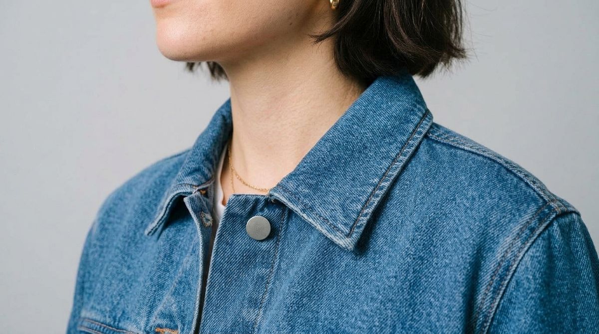 A low-angle close-up of the denim jacket collar and top button on the same woman against the gray wall