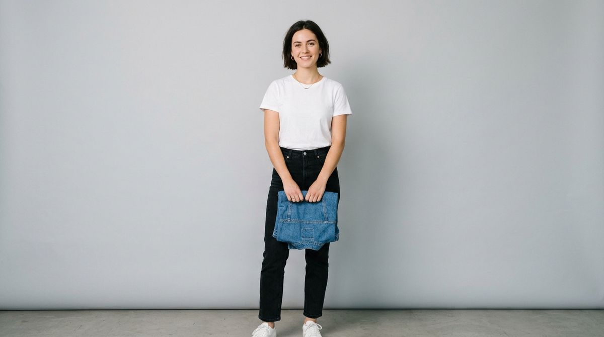 A woman with short dark hair in a white t-shirt and black jeans holding a folded blue denim jacket against a light gray studio wall