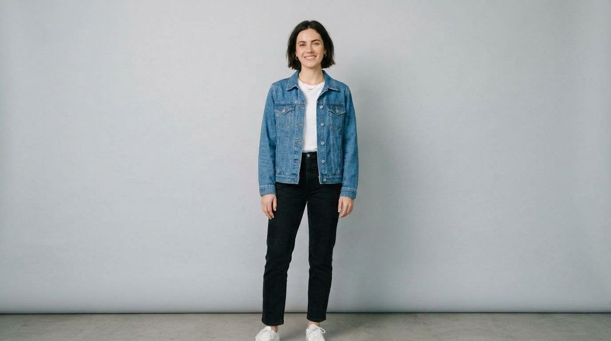 The same woman in the same framing now wearing the denim jacket open, hands at her sides
