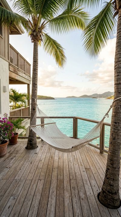 A white rope hammock strung between two palm trunks on a beach villa terrace with a calm turquoise sea behind