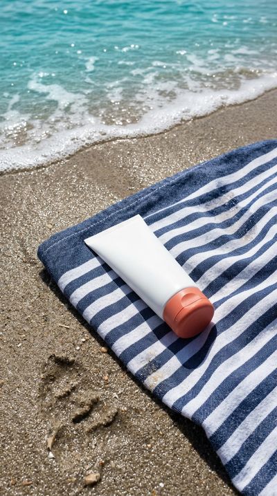 A white sunscreen tube with a coral cap lying on a striped beach towel on wet sand, turquoise water at the top of the frame