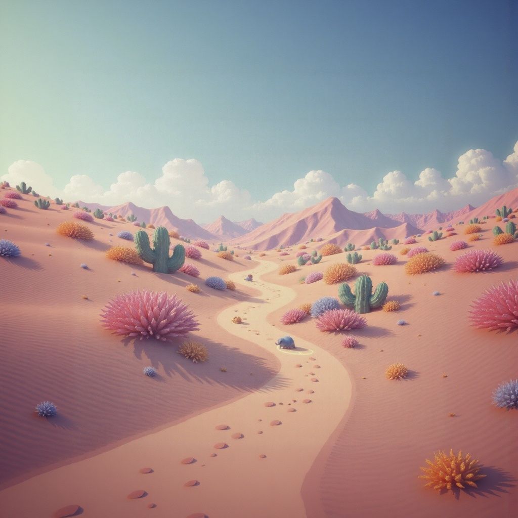 The desert scene outpainted showing an endless path extending into the distance