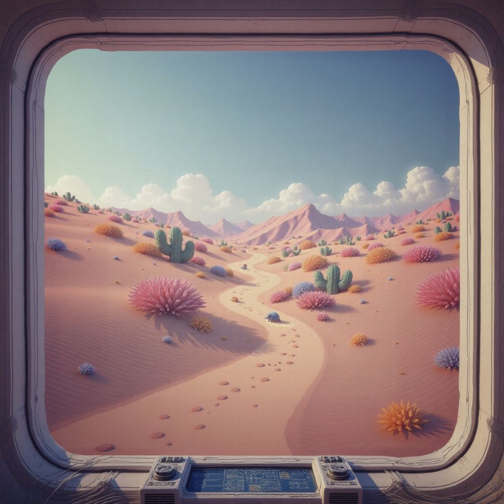 The desert scene now visible through a window frame, revealing it as a view