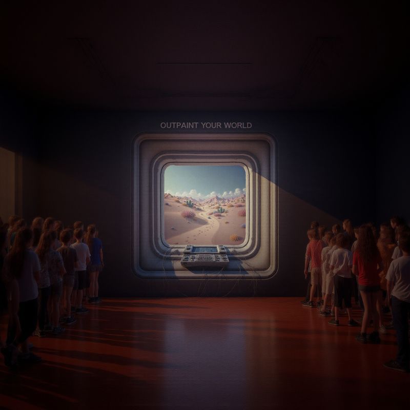 Children in a room facing a console displaying the desert landscape on screens