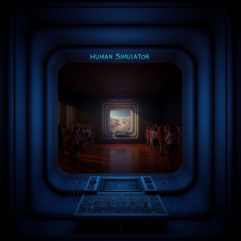 A dark room with glowing interfaces and large screens, revealing the desert was a simulation