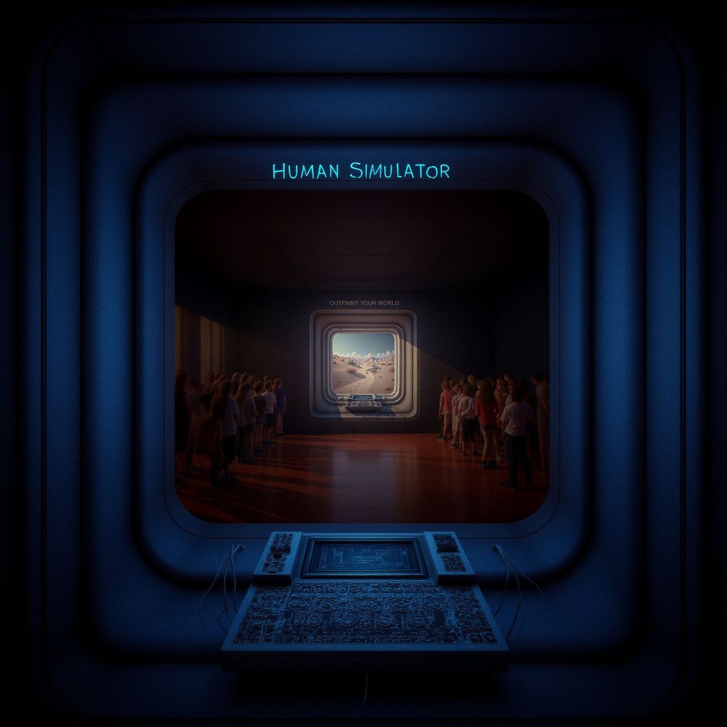 A dark room with glowing interfaces and large screens, revealing the desert was a simulation