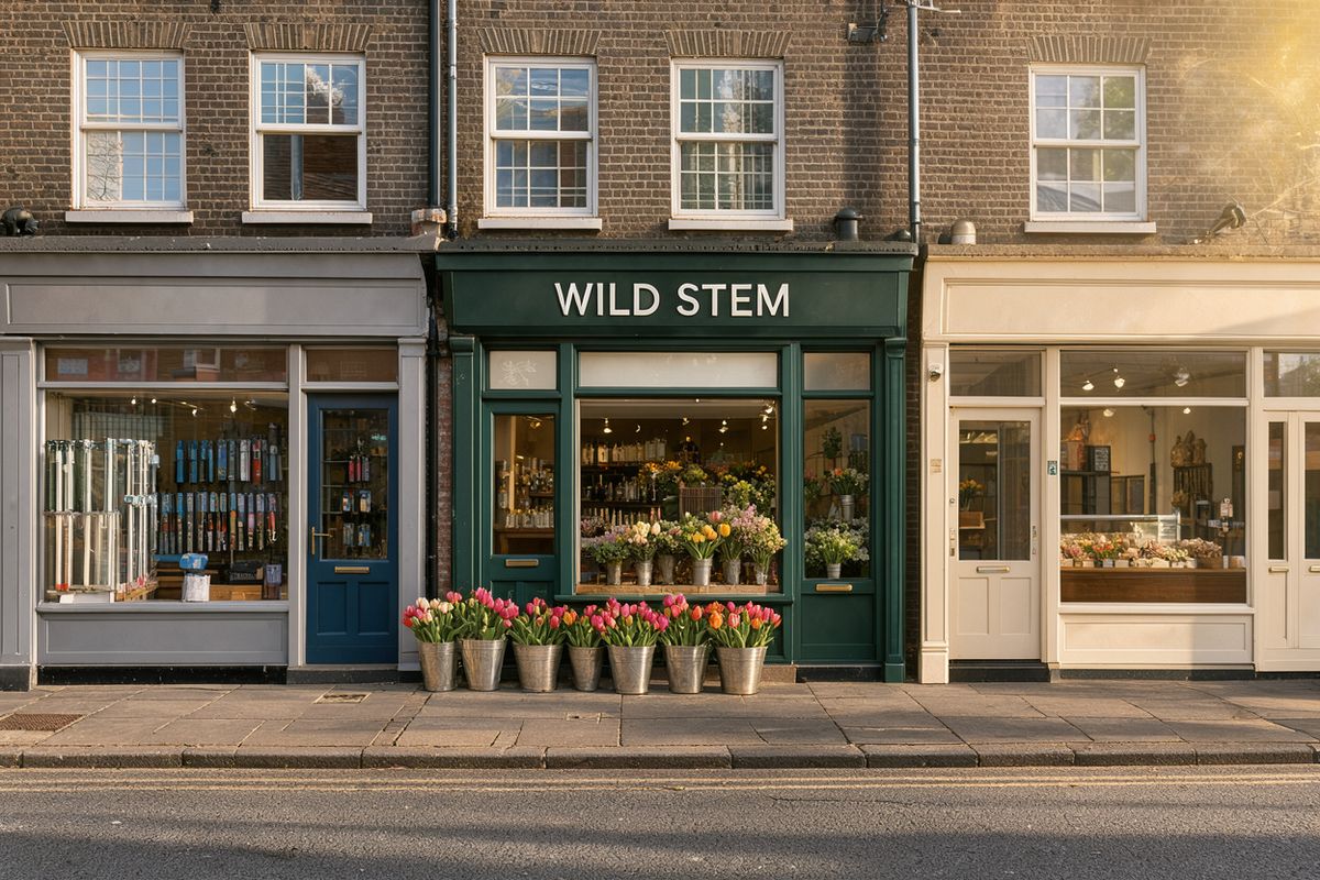 The same row of shops with WILD STEM on the florist and plain gray and cream fascias with no lettering on the neighboring shops