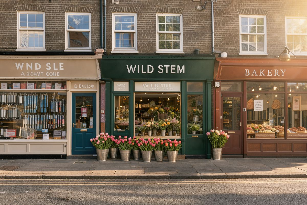 A row of three shops with WILD STEM on the green florist fascia, invented lettering on the hardware store sign to the left and BAKERY on the brown sign to the right