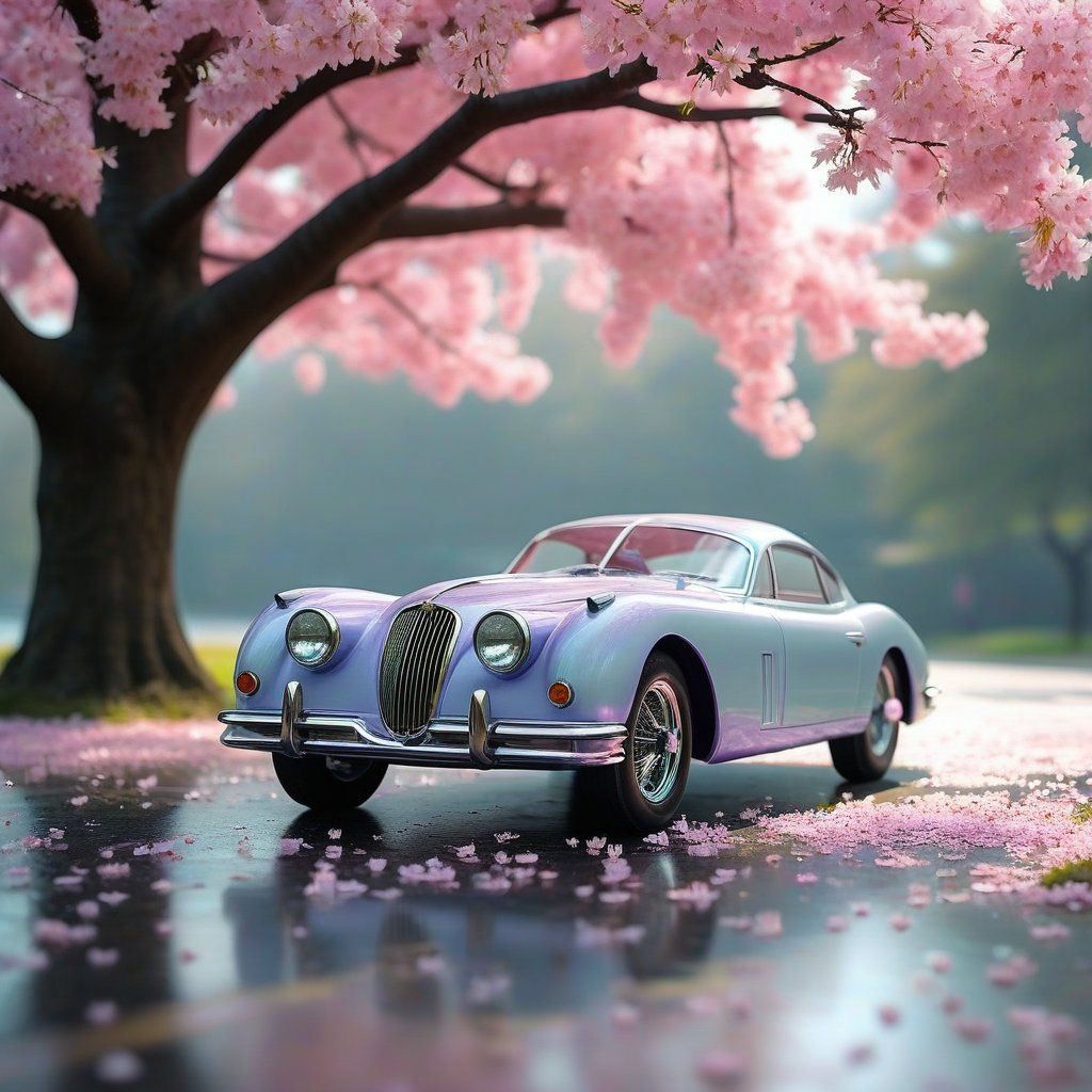 A purple supercar under cherry blossoms at strength 0.2