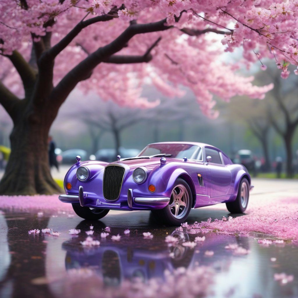 A purple supercar under cherry blossoms at strength 0.6