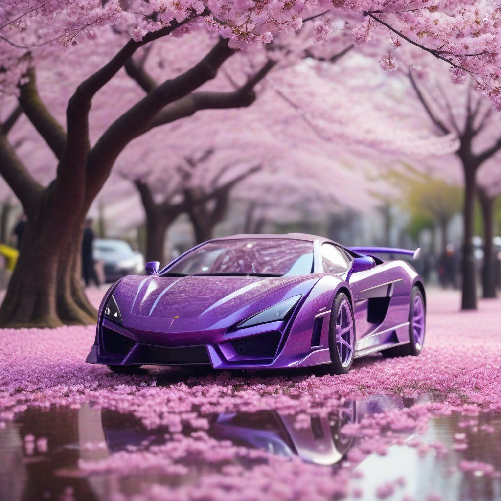 A purple supercar under cherry blossoms at strength 0.8