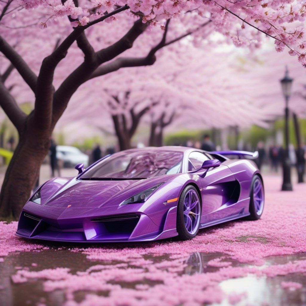 A purple supercar under cherry blossoms at strength 0.9