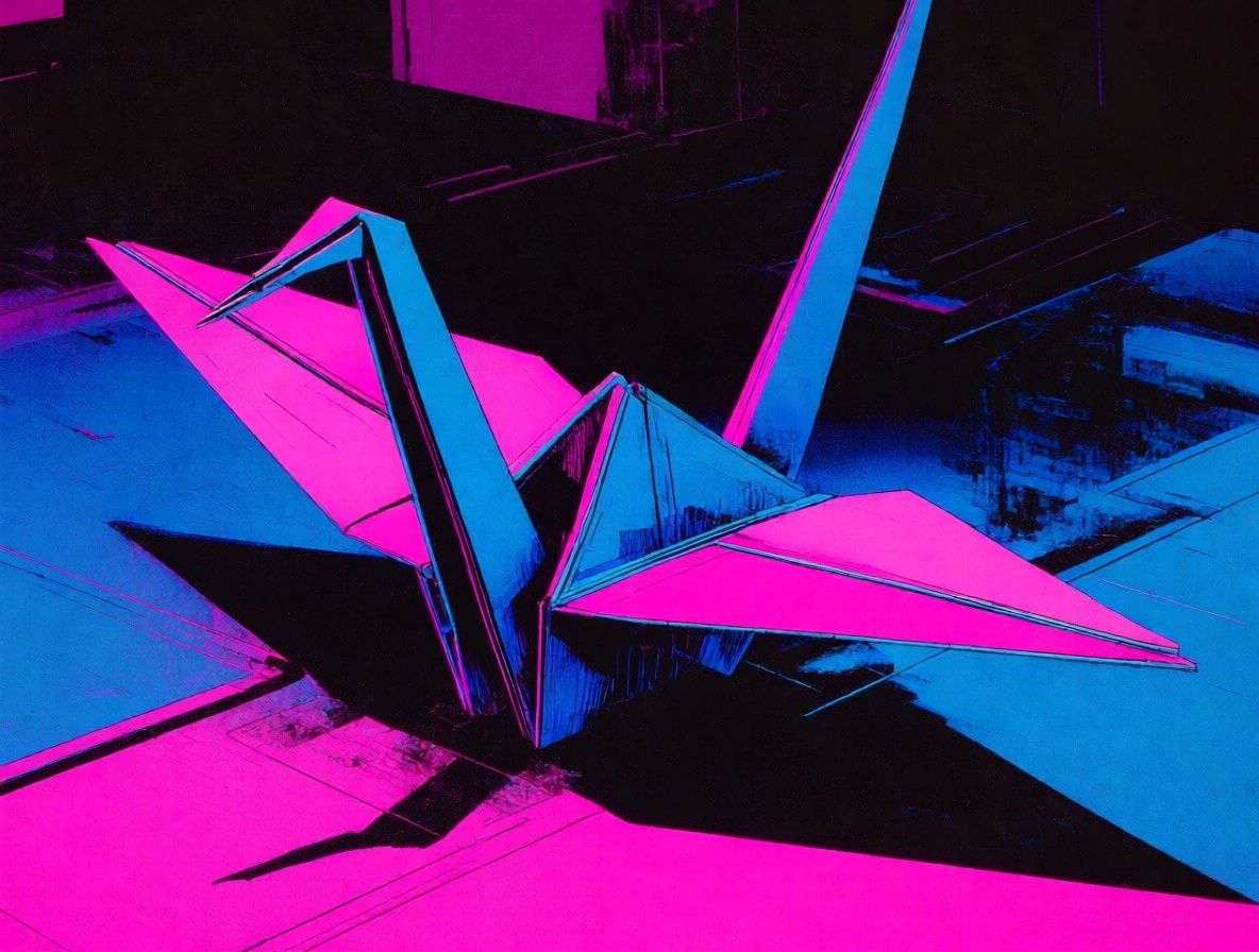 An origami crane with heavy retrowave style dominance
