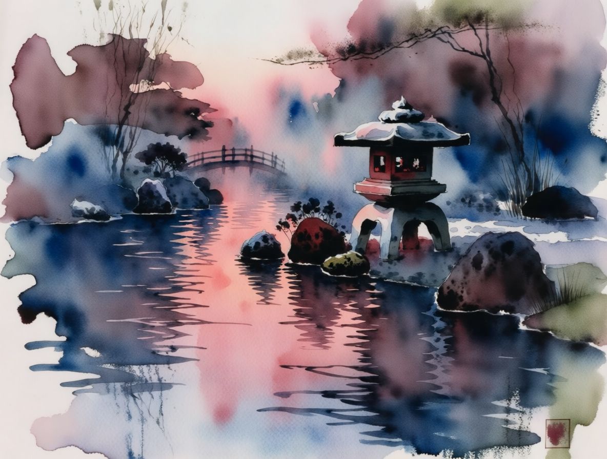 A Japanese garden with heavy watercolor style dominance