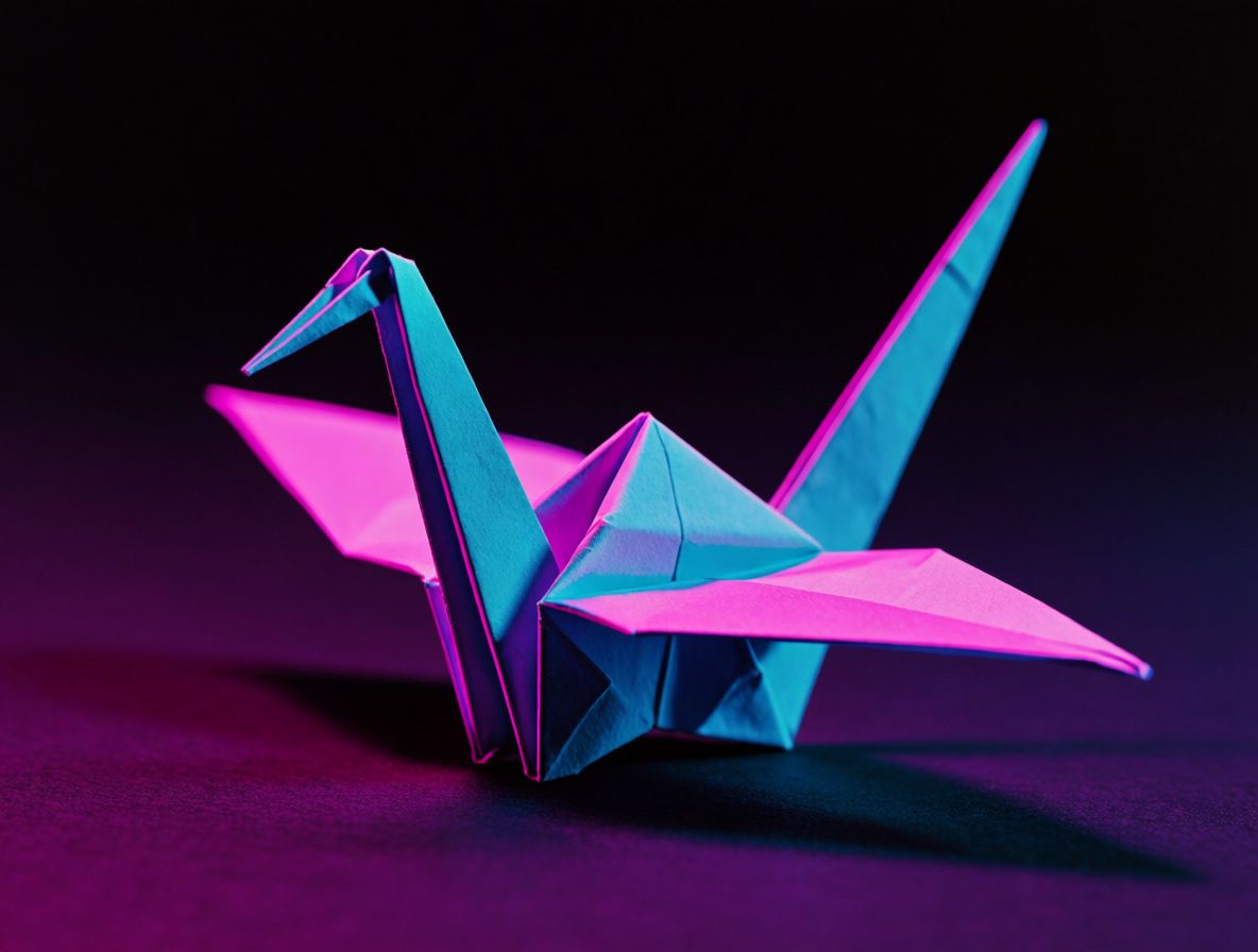 An origami crane with subtle neon retrowave influence