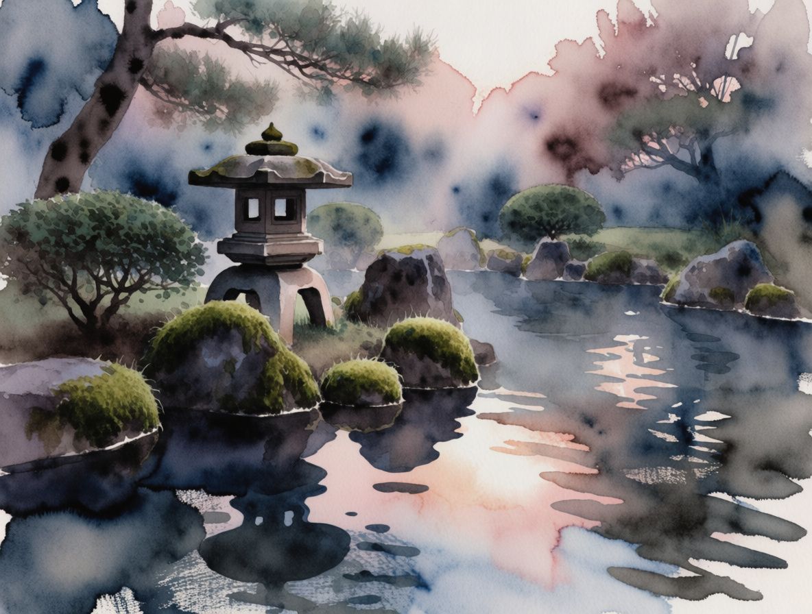 A Japanese garden with subtle watercolor influence