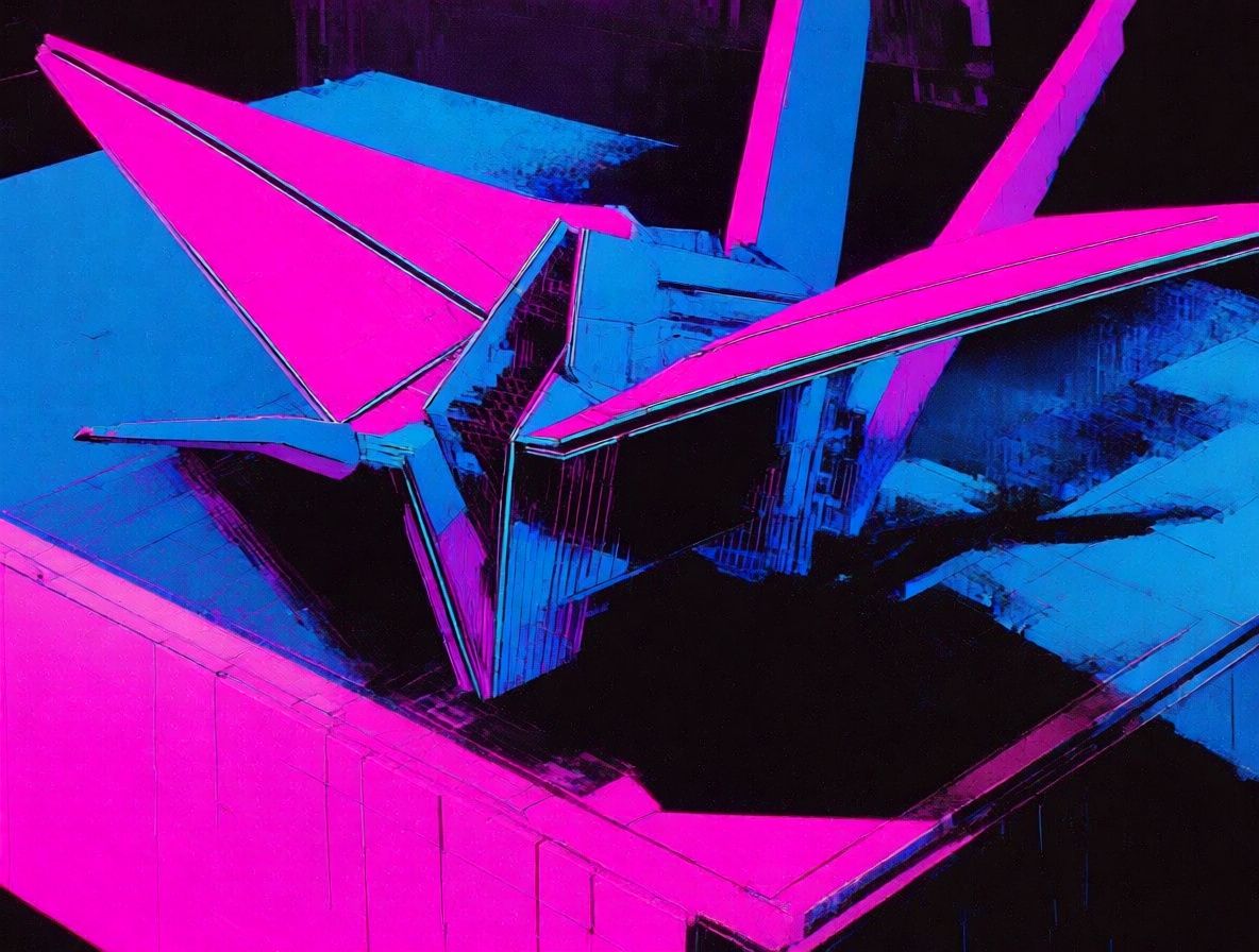 An origami crane with maximum retrowave style lock