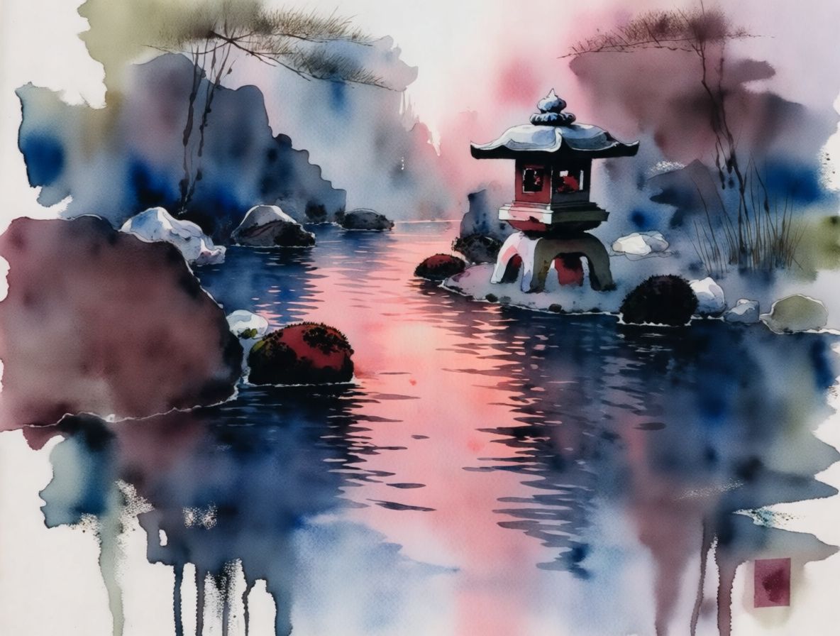 A Japanese garden with maximum watercolor style lock