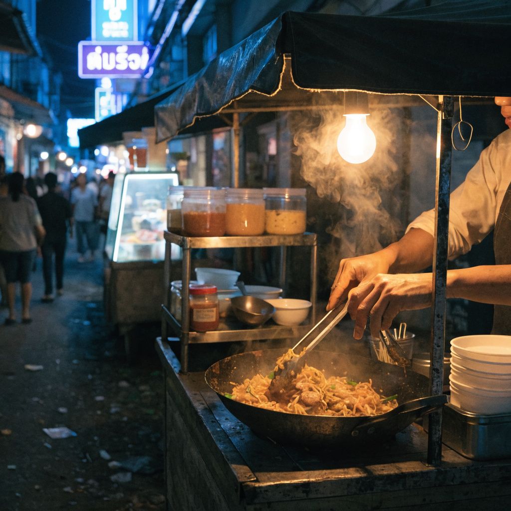 A street food vendor in Bangkok at night serving pad thai from a lit cart, warm tungsten lighting mixing with neon signs