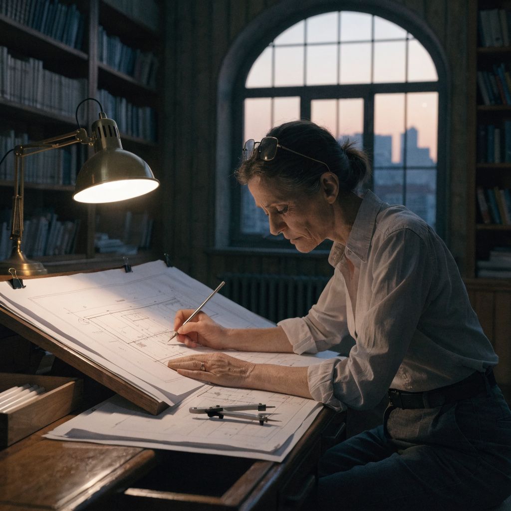 An architect at a drafting table examining blueprints under a single desk lamp in a mid-century modern office
