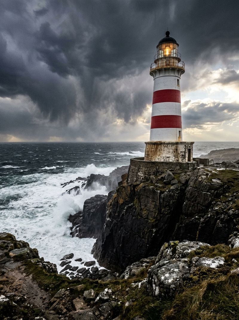 A red-and-white striped lighthouse on a cliff above a stormy sea, shot from a low angle under breaking clouds