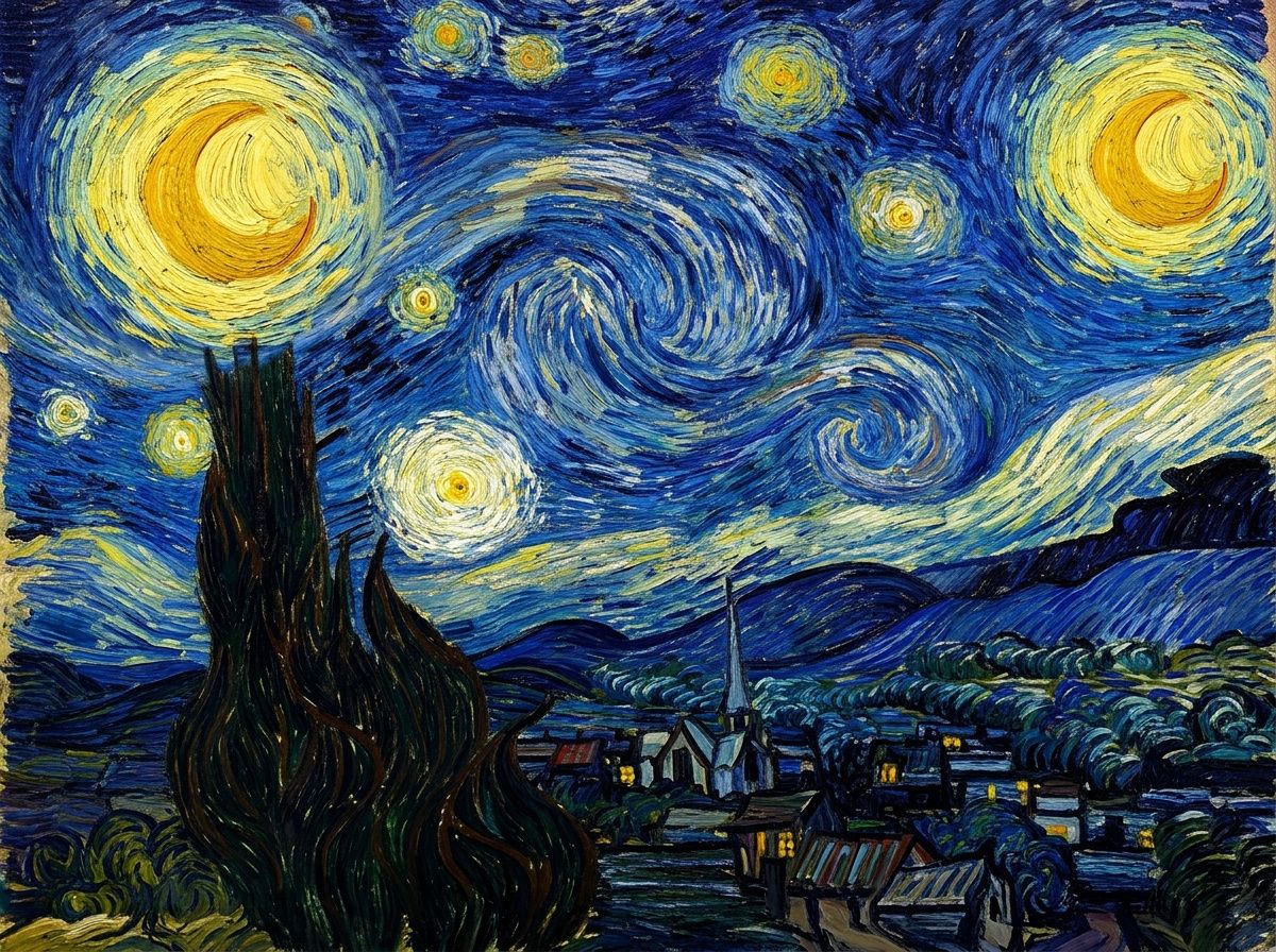 A swirling post-impressionist night-sky painting in vivid blues and yellows