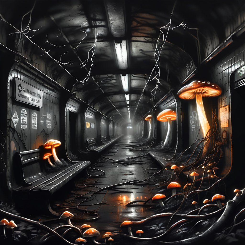An abandoned subway station rendered in charcoal sketch style with glowing mushrooms and vines