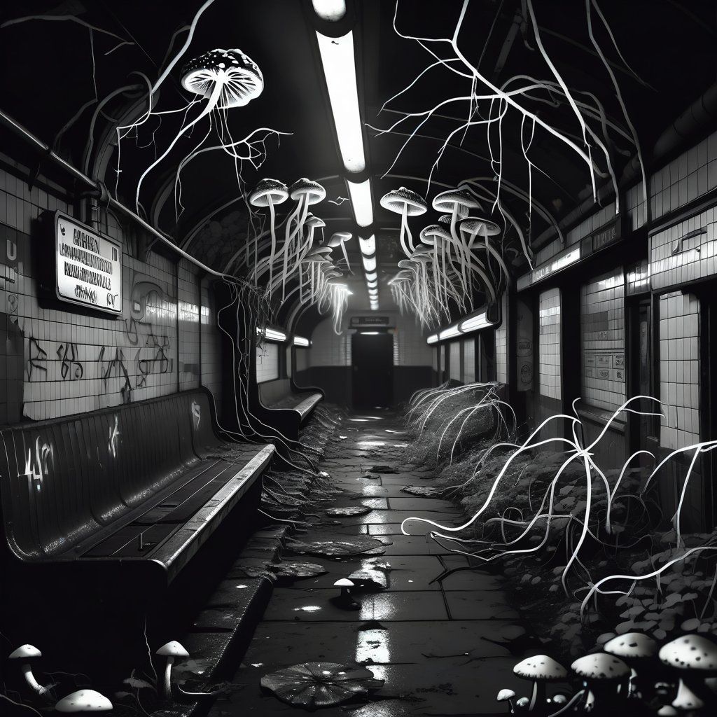 An abandoned subway station in black and white line art style with mushrooms and vines
