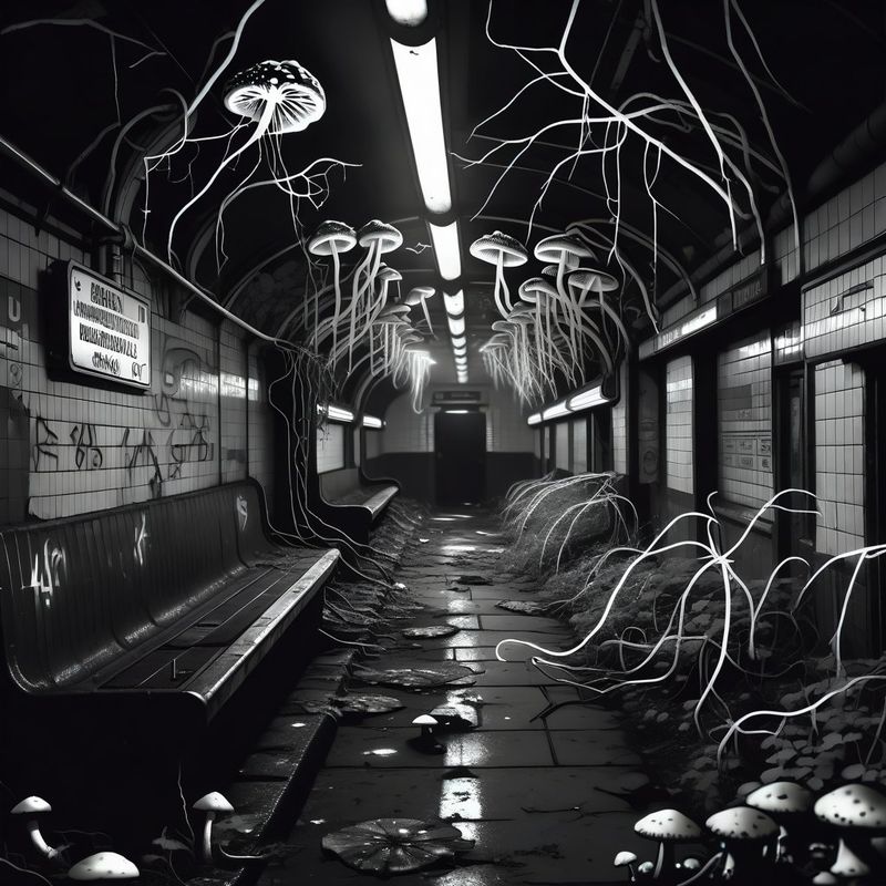 An abandoned subway station in black and white line art style with mushrooms and vines