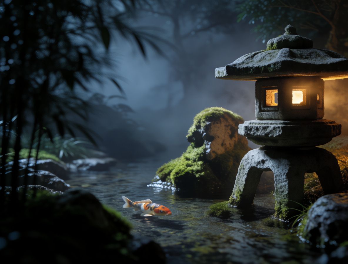 A Japanese garden with a stone lantern and koi pond in a photographic style