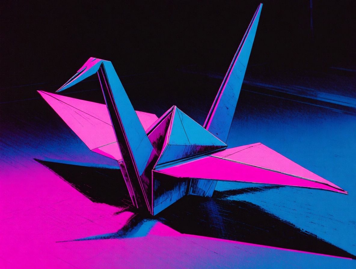 An origami crane deeply influenced by retrowave neon cyan and pink style
