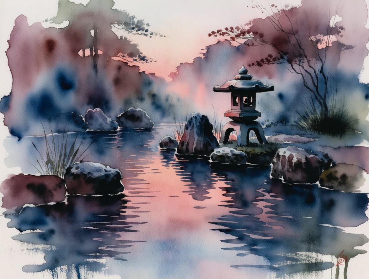 A Japanese garden with a stone lantern and koi pond rendered in a watercolor style