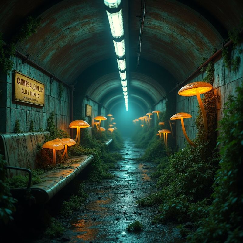 An abandoned subway station overtaken by glowing mushrooms and vines, with dim flickering lights