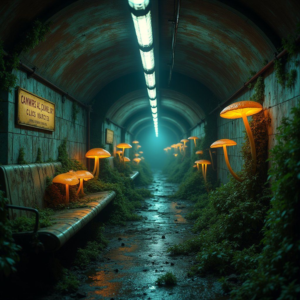 An abandoned subway station overtaken by glowing mushrooms and vines, with dim flickering lights