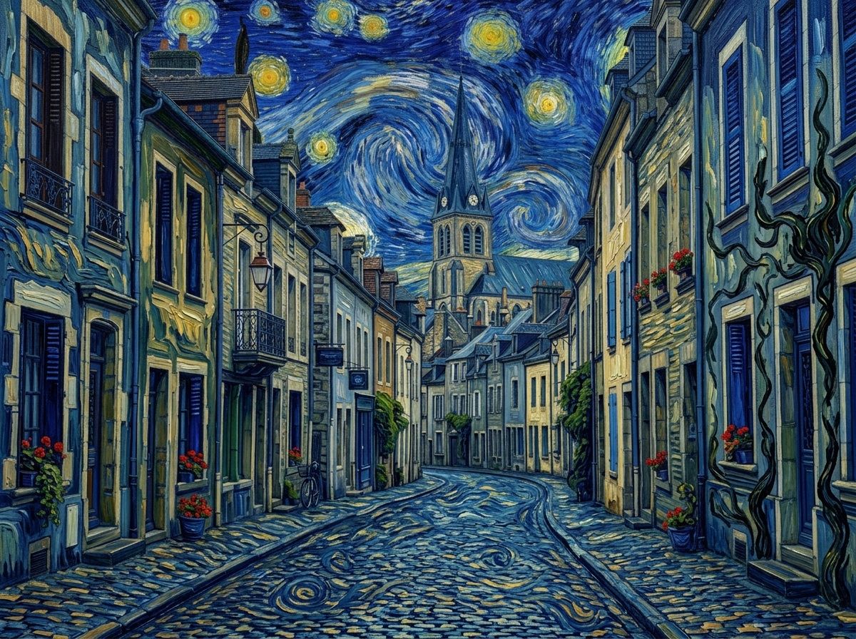 The cobblestone street repainted with swirling brushstrokes and vivid blues and yellows
